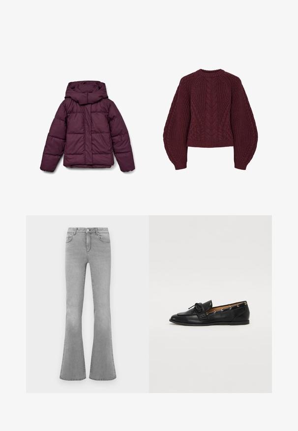 Maroon puffer jacket with a large hood, featuring a quilted design and elastic cuffs. The front has a full-length zipper and side panels.; Burgundy knitted sweater with textured cable patterns, round neck, and puffed sleeves. Ribbed cuffs and hem accentuate the design.; Gray flared jeans made of denim, featuring a classic five-pocket design, a zipper fly, and subtle fading details along the legs.; Black leather loafers with a tied bow, featuring gold eyelet accents along the sides and a flat rubber sole. Smooth texture, classic design.