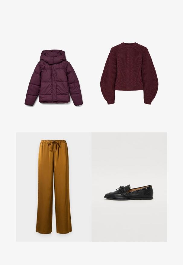 Bordó tónusú, nagy kapucnival ellátott pufi dzseki, steppelt mintázattal és elasztikus mandzsettákkal. Az elején végigfutó cipzár és oldalsó panelekkel rendelkezik.; Burgundy kötött pulóver texturált kábelmintákkal, kerek nyakkal és puffos ujjal. Az bordázott mandzsetta és szegély kiemeli a dizájnt.; Barna selyem széles szárú nadrág, rugalmas derékkal és húzózsinórral. Sima textura és teljes hosszúságú dizájn, laza szabású.; Fekete bőr lófarok cipők, megkötött masnival, arany szemcsés díszítéssel az oldalán és lapos gumitalppal. Simaság, klasszikus dizájn.