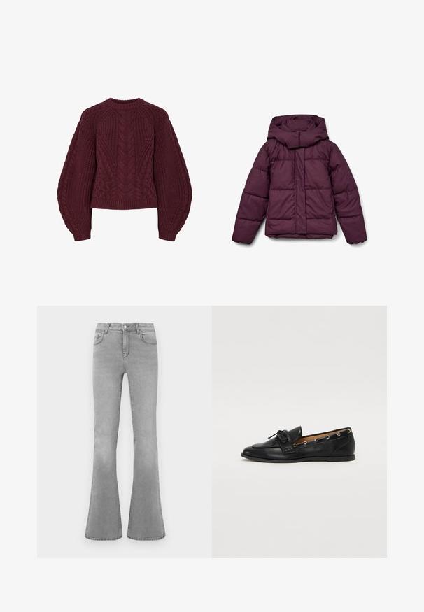 Geacă matlasată burgund cu glugă mare, având un design matlasat și manșete elastice. Partea din față are un fermoar pe toată lungimea și panouri laterale.; Pulover tricotat burgund cu modele texturate în cablu, gât rotund și mâneci bufante. Manșetele și tivul ribbate pun în evidență designul.; Jeans grii evazați din denim, cu un design clasic cu cinci buzunare, cu fermoar și detalii subtile de decolorare pe picioare.; Mocasini din piele neagră cu fundiță legată, având accente aurii sub formă de ochiuri pe laterale și o talpă plată din cauciuc. Textură netedă, design clasic.