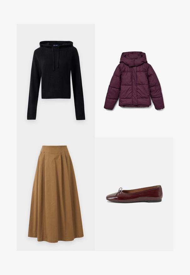 Maroon puffer jacket with a large hood, featuring a quilted design and elastic cuffs. The front has a full-length zipper and side panels.; Black long-sleeve knit hoodie with drawstrings, ribbed cuffs, and hem, cropped fit, displayed on a white background.; Brown cotton A-line skirt with a high waist, featuring pleats down the front and a smooth texture. Hem finishes are clean and simple.; Burgundy patent leather ballet flat with a rounded toe, small bow accent at the front, and a low, black rubber sole. Smooth texture.