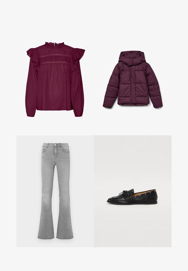Geacă matlasată burgund cu glugă mare, având un design matlasat și manșete elastice. Partea din față are un fermoar pe toată lungimea și panouri laterale.; Bluză burgundă cu mâneci volănașe, detalii cu brâu elastic la piept, fabricată dintr-un material ușor, cu o textura punctată subtilă.; Jeans grii evazați din denim, cu un design clasic cu cinci buzunare, cu fermoar și detalii subtile de decolorare pe picioare.; Mocasini din piele neagră cu fundiță legată, având accente aurii sub formă de ochiuri pe laterale și o talpă plată din cauciuc. Textură netedă, design clasic.