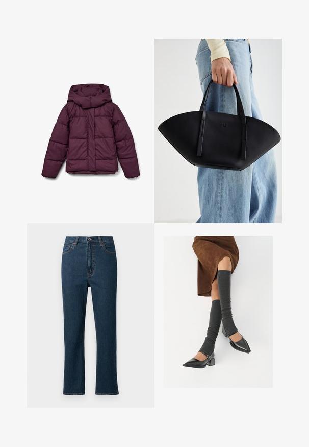 Viininpunainen toppatakki, jossa on suuri huppu, tikattu muotoilu ja joustavat hihansuut. Edessä on täyspitkä vetoketju ja sivupaneelit.; Mustat lyhythihaiset lyhyet t-paidat, joissa on punainen, tippuva teksti "SPOOKY GIRL" rinnan kohdalla.; Tummansininen farkut suoraan lahkeella, jossa on nappisulku, viisi taskua ja kontrastiväriset tikkaukset. Sileä pinta.; Musta lakattu nahkakengät teräväkärkisillä, leveällä kantapäällä ja nilkkahihnalla, yhdistettynä harmaisiin ribattuihin säärystimiin ja ruskeaan mokkasiinimekkoon.; Musta nahkainen käsilaukku, jossa on ainutlaatuinen tuulihattukuvio, jossa on litteät kahvat. Pinnassa on karkeapintainen rakenne ja minimalistinen muotoilu.