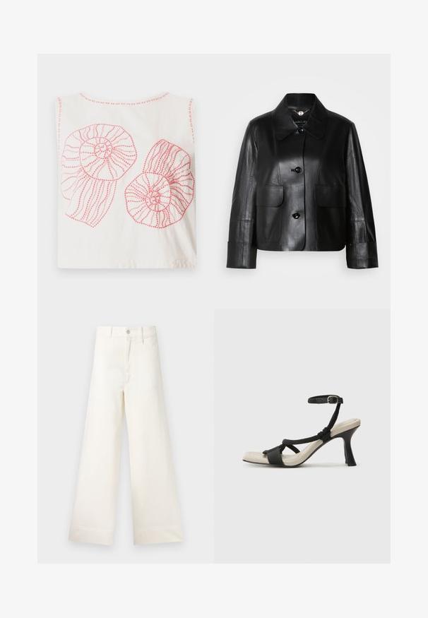 Veste en cuir noir avec un col, dotée de deux poches avant, d'une fermeture à bouton et d'une texture lisse. Coupe ajustée avec des épaules structurées.; Débardeur en coton blanc avec deux grands motifs de coquillage en spirale rose, ornés de motifs dessinés et de coutures texturées.; Pantalons large en coton beige clair. Dotés d'une taille haute, de poches latérales et d'une coupe droite. Finition ourlet propre sans motifs.; Sandale à talon noir avec un design de brides tressées, bout carré et bride de cheville réglable. Semelle intérieure beige claire avec un talon noir brillant.