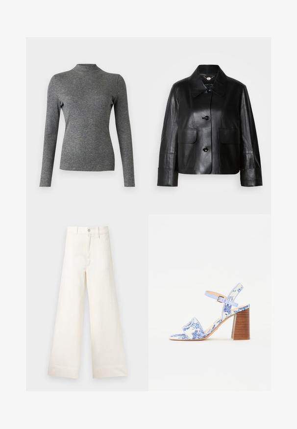 Musta nahkatakki, jossa on kaulus, kaksi etutaskua, nappikiinnitys ja sileä pinta. Mukautettu istuvuus ja rakenteelliset harteet.; Harmaa pitkähihainen poolopaita, joka on valmistettu pehmeästä ja joustavasta kankaasta. Paita on muotoiltu tiukasti ja sillä on sileä pinta. Ei näkyviä kuvioita tai koristeita.; Suorat lahkeet vaaleasta beige puuvillasta. Korkea vyötärö, etutaskut ja suora leikkaus. Siisti helman viimeistely ilman kuvioita.; Sininen kukallinen sandaali, jossa on neliön muotoinen kärki, leveä hihna ja säädettävä nilkkahihna, jossa on teksturoitu puukorko.