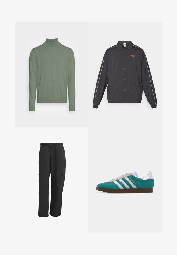Black lightweight jacket with a button closure, white side stripes, and a small orange logo on the chest. Elastic cuffs and a collar.; Green turtleneck sweater made of soft knit material. Features long sleeves, a fitted neck, and ribbed cuffs and hem. No visible patterns.; Black cargo pants with an elastic waistband, featuring side pockets, loose fit, and a textured fabric. Designed for comfort and utility.; adidas Originals ADIDAS GAZELLE SHOES - Indoor football boots - liverpool fc/sea green/footwear white