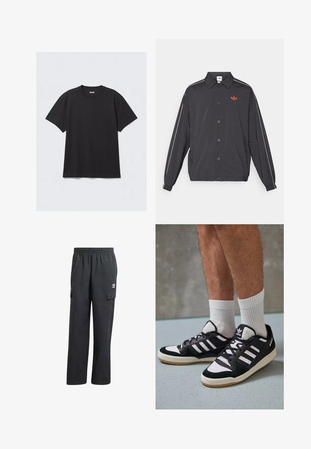 Giacca leggera nera con chiusura a bottoni, strisce laterali bianche e un piccolo logo arancione sul petto. Polsini elasticizzati e collarino.; T-shirt nero a maniche corte in cotone. Presenta un collo a giro e una vestibilità comoda. Design semplice senza motivi o dettagli visibili.; Pantaloni cargo neri con un elastico in vita, due tasche laterali e un logo discreto sulla coscia sinistra. Realizzati in un tessuto leggero.; Sneaker bianco e nero con tomaia in suede e pelle, caratterizzati da tre strisce bianche, punta perforata e suola in gomma naturale.