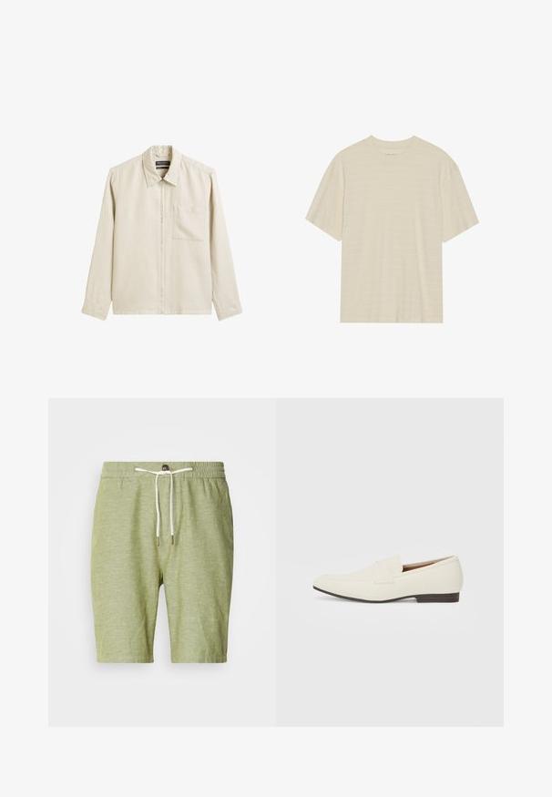 Camicetta beige chiara con zip, colletto, maniche lunghe e una tasca sul petto. Realizzata in un tessuto strutturato simile al lino.; T-shirt a maniche corte di colore crema con una delicata trama a righe e scollo rotondo, realizzato in tessuto leggero.; Shorts verde chiaro in misto cotone, con vita elasticizzata e cordoncino con punte metalliche, di lunghezza corta e senza tasche.; Mocassini beige chiaro con punta affusolata, materiale liscio, una fascia sulla tomaia e una suola bassa marrone. Design semplice con accenti minimi.
