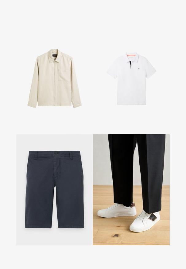 Light beige zip-up shirt with a collar, long sleeves, and a single chest pocket. Made of a textured, linen-like fabric.; White polo shirt featuring a black collar with orange trim, short sleeves, and a small logo on the chest. Made from breathable cotton blend.; Navy blue shorts made from textured fabric, featuring a front button closure, belt loops, and standard side pockets.; White sneakers with smooth texture, featuring brown leather accents and black detailing, paired with black tailored pants. Wooden floor background.