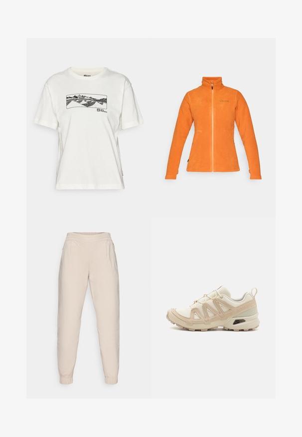 Πορτοκαλί fleece μπουφάν με ψηλό κολάρο και μπροστινό φερμουάρ, διαθέτει δύο πλαϊνές τσέπες και μια διακριτική λογότυπο στο στήθος. Μαλακή υφή.; Λευκό βαμβακερό T-shirt με μαύρη γραφική απεικόνιση βουνών και λόφων κατά μήκος του στήθους, με ένα λογότυπο που εμφανίζεται στη χαμηλότερη πλευρά.; Μπεζ jogger παντελόνι με ελαστική μέση, δύο πλαϊνές τσέπες και ελαστικές μανσέτες στους αστραγάλους; απαλό, ελαφρύ υλικό.; Μπεζ και κρεμ αθλητικό παπούτσι με υφασμάτινη άνω επιφάνεια με υφή, υποστηρικτικά overlay και καουτσούκ σόλα με σχέδιο πέλματος για πρόσφυση.