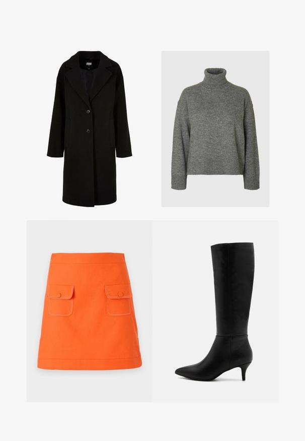 Sort uldfrakke med V-formet krave, lange ærmer, to forlommer og knaplukning. Enkel design med glat tekstur.; Grå turtleneck sweater lavet af et blødt, tekstureret materiale med en afslappet pasform. Har ribbede detaljer ved krave, ærmer og kant. Enkel design.; Orange bomuldsnederdel med to frontlommer, knaplukninger og kontrasterende hvid syning. A-line form med en veldefineret talje.; Anna Field Høje støvler/ Støvler - black