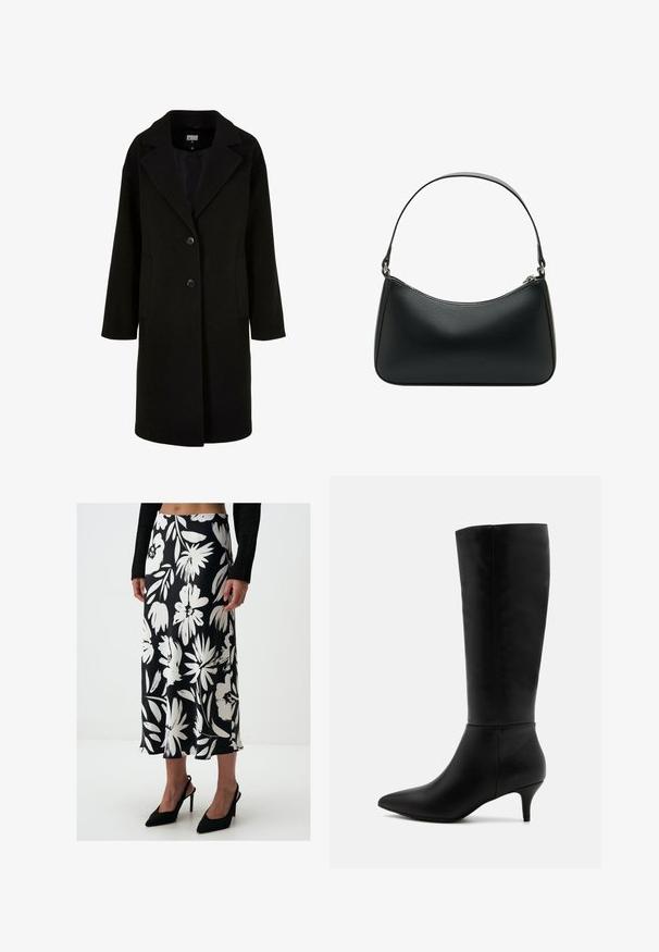 Schwarzer Wollmantel mit Reverskragen, vorderem Knopfverschluss und Seitentaschen. Merkmale sind ein langer, lockerer Schnitt und eine glatte Textur.; Grauer Rollkragenpullover aus einem weichen, strukturierten Material mit lockerer Passform. Mit geripptem Kragen, Bündchen und Saum. Einfaches Design.; Schwarz-weiß bedruckter Rock mit floralem Muster, aus glattem Stoff gefertigt, mit einem mittellangen Design und fließender Silhouette. Kombiniert mit schwarzen spitzen Absätzen.; Anna Field Stiefel - black; Schwarze Leder-Schultertasche mit geschwungener Form, einem flachen Tragegurt und einem oberen Reißverschluss. Glatte Textur mit minimalen Hardwaredetails.