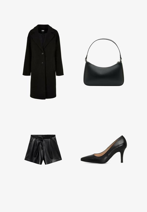 Černý vlněný kabát s klopovým límcem, předními knoflíky a bočními kapsami. Má dlouhý, volný střih a hladkou texturu.; Šedý rolák vyrobený z měkkého, strukturovaného materiálu s volným střihem. Má ribované límce, manžety a lem. Jednoduchý design.; Černé kožené kraťasy se zvýšeným pasem, záhyby na přední straně a bočními kapsami. Hladká textura s lesklým povrchem.; Černý kožený lodiček na vysokém podpatku s špičatou špící, hladkou texturou a elegantním siluetou. Výška podpatku je přibližně 7,5 cm.; Černá kožená kabelka přes rameno s zakřiveným tvarem, jedním plochým popruhem a svrchním zipovým uzávěrem. Hladká textura s minimem kovových detailů.