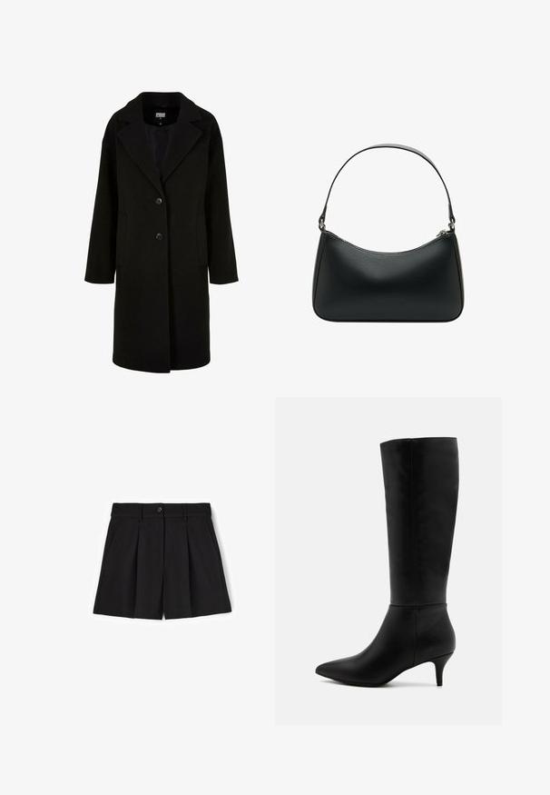 Musta villakangastakki, jossa on lovettu kaulus, etunapit ja sivutaskut. Ominaisuuksiin kuuluu pitkä, rento istuvuus ja sileä tekstuuri.; Harmaa poolopaita on valmistettu pehmeästä, teksturoidusta materiaalista ja siinä on rento istuvuus. Varustettu ribbaamalla viimeistellyllä kaula-aukolla, hihansuilla ja helman reunuksilla. Yksinkertainen muotoilu.; Mustat räätälöidyt shortsit, joissa on pleatattu muotoilu, nappikiinnitys ja sivutaskut. Valmistettu sileästä kankaasta, perinteinen leikkaus.; Anna Field Saappaat - black; Mustat nahkaolkalaukku, jossa on kaareva muoto, yksittäinen litteä hihna ja yläosan vetoketjukiinnitys. Tasainen pinta, jossa on minimaalinen metalliosien määrä.