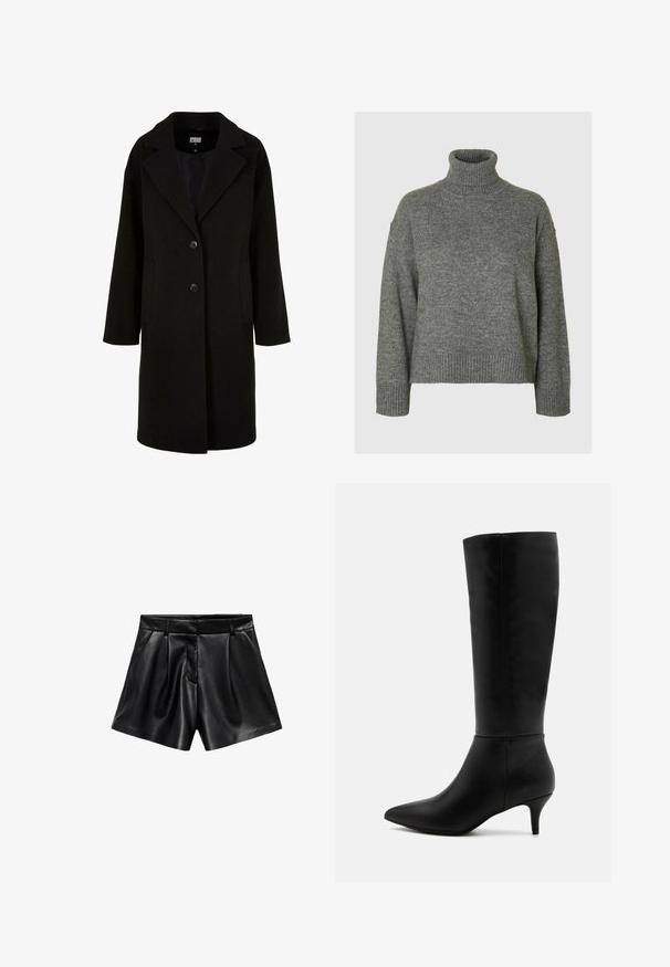 Czarny wełniany płaszcz z wyciętym kołnierzem, długimi rękawami, dwoma przednimi kieszeniami i zapięciem na guziki. Prosty design o gładkiej fakturze.; Szary sweter z golfem wykonany z miękkiego, teksturowanego materiału o luźnym kroju. Posiada prążkowany kołnierz, mankiety i dół. Prosty design.; Czarne skórzane szorty z wysokim stanem, fałdami z przodu i bocznymi kieszeniami. Gładka tekstura z połyskującym wykończeniem.; Anna Field - Kozaki