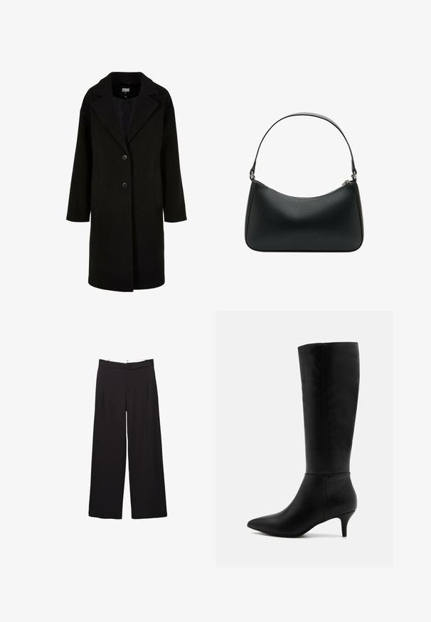 Musta villakangastakki, jossa on lovettu kaulus, etunapit ja sivutaskut. Ominaisuuksiin kuuluu pitkä, rento istuvuus ja sileä tekstuuri.; Harmaa poolopaita on valmistettu pehmeästä, teksturoidusta materiaalista ja siinä on rento istuvuus. Varustettu ribbaamalla viimeistellyllä kaula-aukolla, hihansuilla ja helman reunuksilla. Yksinkertainen muotoilu.; Musta, leveälahkeinen sävyttävä housut, joissa on etupleidejä, vyölenkit ja piilotettu etukiinnitys.; Anna Field Saappaat - black; Mustat nahkaolkalaukku, jossa on kaareva muoto, yksittäinen litteä hihna ja yläosan vetoketjukiinnitys. Tasainen pinta, jossa on minimaalinen metalliosien määrä.