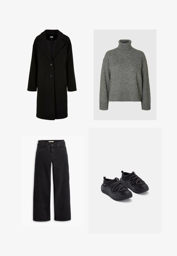 Juodas vilnonis paltas su išpjautu apykakle, priekiniais mygtukais ir šoninėmis kišenėmis. Turi ilgą, laisvą siluetą ir glotnią tekstūrą.; Pilkas turtlenekas, pagamintas iš minkštos, tekstūruotos medžiagos, su laisvu siluetu. Yra šonkačiai apykaklė, rankogaliai ir apačia. Paprastas dizainas.; Juodi plačių kojų džinsai, pagaminti iš džinsinio audinio. Yra aukštu liemeniu, priekinėmis kišenėmis ir užtrauktuku su mygtuko uždarymu. Lygus paviršius.; Juodi sportiniai bateliai su tekstūruota guminėmis padangomis, paminkštintu audinio viršumi, elastingais raišteliais ir vilkimo kilpelėmis kulne, kad būtų lengva užsidėti.