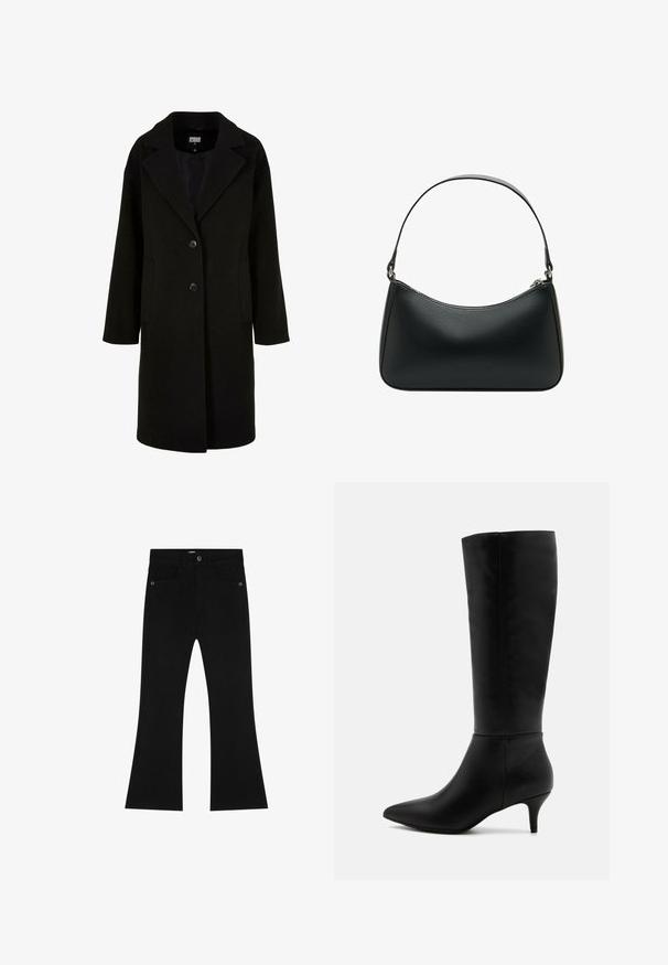 Musta villakangastakki, jossa on lovettu kaulus, etunapit ja sivutaskut. Ominaisuuksiin kuuluu pitkä, rento istuvuus ja sileä tekstuuri.; Harmaa poolopaita on valmistettu pehmeästä, teksturoidusta materiaalista ja siinä on rento istuvuus. Varustettu ribbaamalla viimeistellyllä kaula-aukolla, hihansuilla ja helman reunuksilla. Yksinkertainen muotoilu.; Scalpers Bootcut-farkut - black; Anna Field Saappaat - black; Mustat nahkaolkalaukku, jossa on kaareva muoto, yksittäinen litteä hihna ja yläosan vetoketjukiinnitys. Tasainen pinta, jossa on minimaalinen metalliosien määrä.