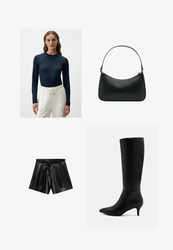Czarny wełniany płaszcz z klapami, guziki z przodu i bocznymi kieszeniami. Ma długi, luźny krój oraz gładką teksturę.; Ciemnobrązowy sweter z golfem, miękka dzianina, szerokie rękawy, ściągacze przy mankietach i na dole, luźny krój, minimalistyczny design, brak wzorów i dodatków.; Granatowa bluzka z długim rękawem, wykonana z gładkiego materiału, z dopasowanym krojem i wzorzystymi akcentami z siateczki na rękawach, w połączeniu z białymi spodniami z elastycznym pasem.; Czarne skórzane szorty z wysokim stanem, fałdami z przodu i bocznymi kieszeniami. Gładka tekstura z połyskującym wykończeniem.; Anna Field - Kozaki; Czarna skórzana torba na ramię o zakrzywionym kształcie, z pojedynczym płaskim paskiem i zamknięciem na zamek błyskawiczny u góry. Gładka tekstura z minimalnymi detalami metalowymi.