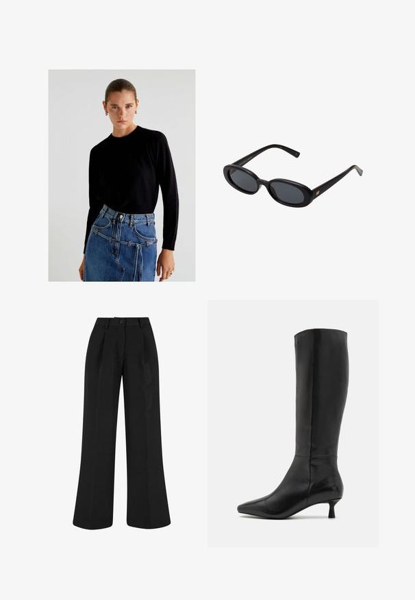 Schwarzer Wollmantel mit Reverskragen, vorderem Knopfverschluss und Seitentaschen. Merkmale sind ein langer, lockerer Schnitt und eine glatte Textur.; Scalpers Strickpullover - black; Schwarze weit geschnittene Hose mit vorderen Falten, aus glattem Stoff gefertigt. Verfügt über einen Knopfverschluss und ein maßgeschneidertes Design.; Zign Stiefel - black; Schwarze, oversized Sonnenbrillen mit ovalen Gläsern, glattem Kunststoffrahmen und goldenen Akzenten an den Bügeln. Die dunklen Gläser bieten Sonnenschutz.