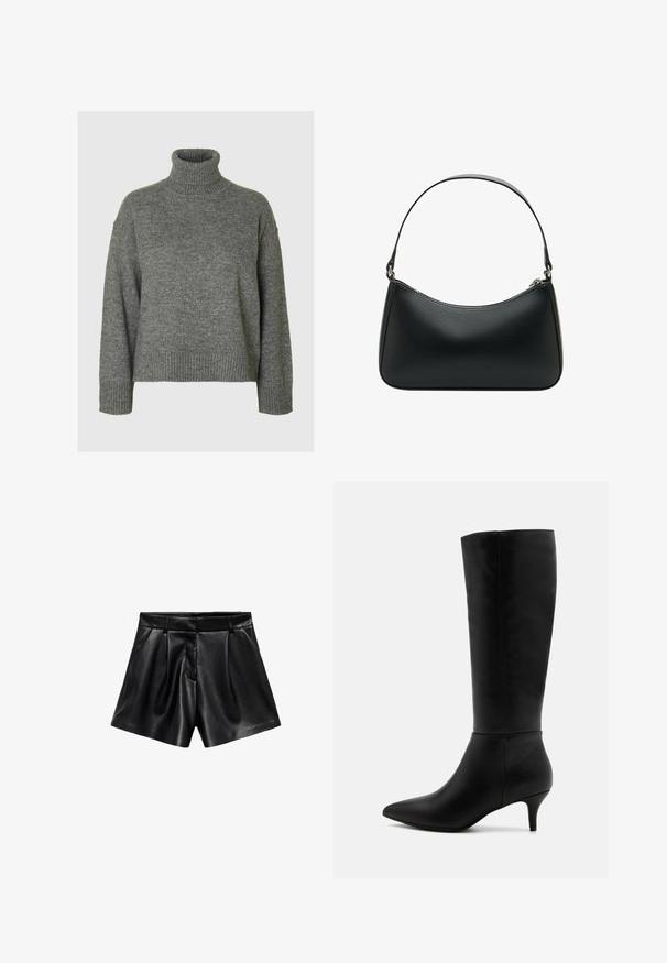 Czarny wełniany płaszcz z klapami, guziki z przodu i bocznymi kieszeniami. Ma długi, luźny krój oraz gładką teksturę.; Szary sweter z golfem wykonany z miękkiego, teksturowanego materiału o luźnym kroju. Posiada prążkowany kołnierz, mankiety i dół. Prosty design.; Czarne skórzane szorty z wysokim stanem, fałdami z przodu i bocznymi kieszeniami. Gładka tekstura z połyskującym wykończeniem.; Anna Field - Kozaki; Czarna skórzana torba na ramię o zakrzywionym kształcie, z pojedynczym płaskim paskiem i zamknięciem na zamek błyskawiczny u góry. Gładka tekstura z minimalnymi detalami metalowymi.