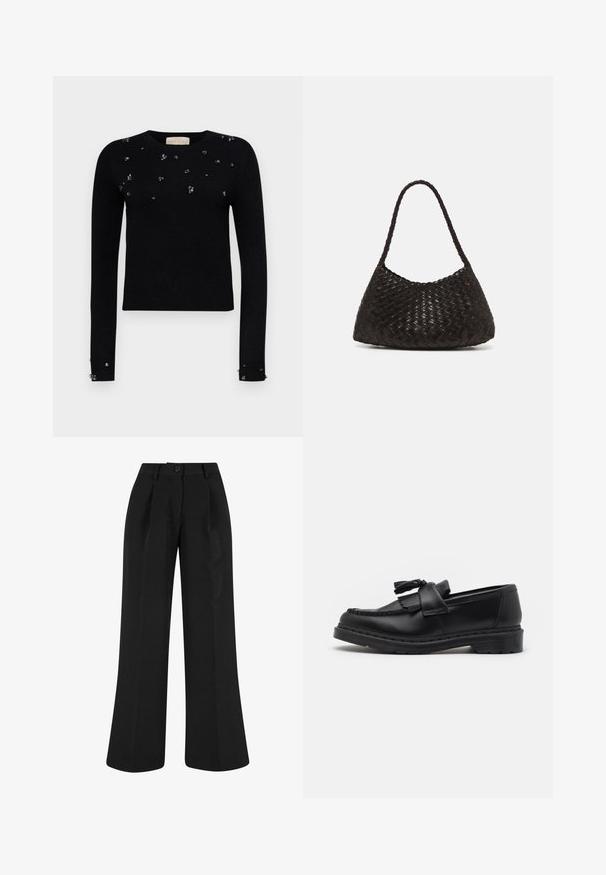 Cappotto di lana nera con revers a punta, bottoni frontali e tasche laterali. Presenta una vestibilità lunga e rilassata e una texture liscia.; Maglione nero lavorato a maglia con scollatura rotonda, maniche lunghe e decorazioni metalliche sparse sulla parte anteriore e sui polsini.; Pantaloni neri a gamba larga con pieghe frontali, realizzati in tessuto liscio. Presentano una chiusura con bottone e un design su misura.; Mocassino in pelle nera con dettagli a frangia, cuciture lungo il bordo e una suola in gomma spessa per una maggiore durata.; DRAGON DIFFUSION ROSANNA - Borsa a mano - dark brown