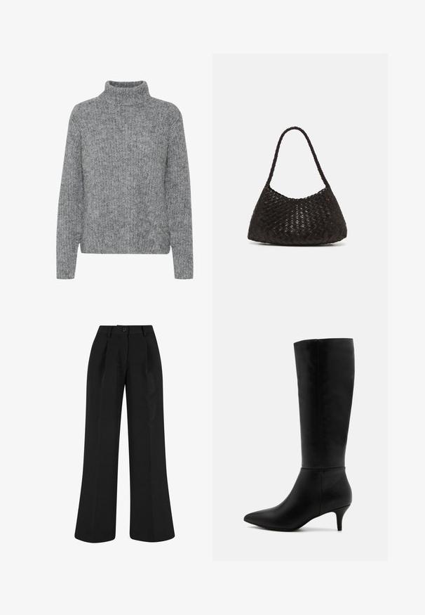 Musta villakangastakki, jossa on lovettu kaulus, etunapit ja sivutaskut. Ominaisuuksiin kuuluu pitkä, rento istuvuus ja sileä tekstuuri.; Harmaa neulepaita, jossa on korkea kaulus, vaihteleva tekstuuri ja laatikkomainen muoto. Ominaisuuksiin kuuluvat pitkät hihat ja vyötärölle laskeutuva helma.; Mustat leveälahkeiset housut, joissa on etupleikkuja, valmistettu sileästä kankaasta. Varustettu nappilukolla ja räätälöidyllä muotoilulla.; Anna Field Saappaat - black; DRAGON DIFFUSION ROSANNA - Käsilaukku - dark brown