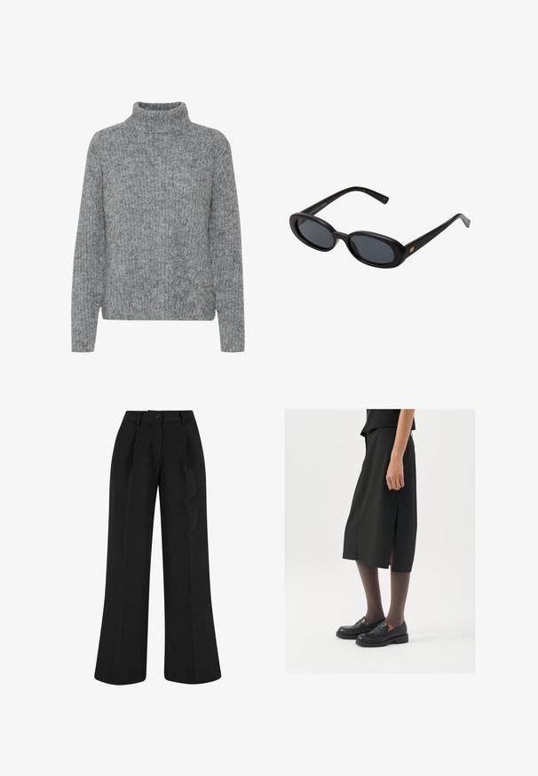 Palton negru din lână cu rever tăiat, butoniere frontale și buzunare laterale. Prezintă o croială lungă, lejeră și o textură netedă.; Pulover gri tricotat cu guler înalt, texturi variate și o formă pătrată. Are mâneci lungi și un tiv care se situează la nivelul taliei.; Pantaloni negri, cu picioare largi, cu plisuri frontale, confecționați dintr-un material neted. Au închidere cu nasture și un design croiță.; Fustă neagră până la genunchi cu fenda laterală, asortată cu mocasini negri și ciorapi transparenți maro, având un material fin și un design simplu.; Ochelari de soare supradimensionați, cu lentile ovale, cadru din plastic neted și accente aurii pe brațe. Lentilele întunecate oferă protecție solară.; DRAGON DIFFUSION ROSANNA - Geantă de mână - dark brown