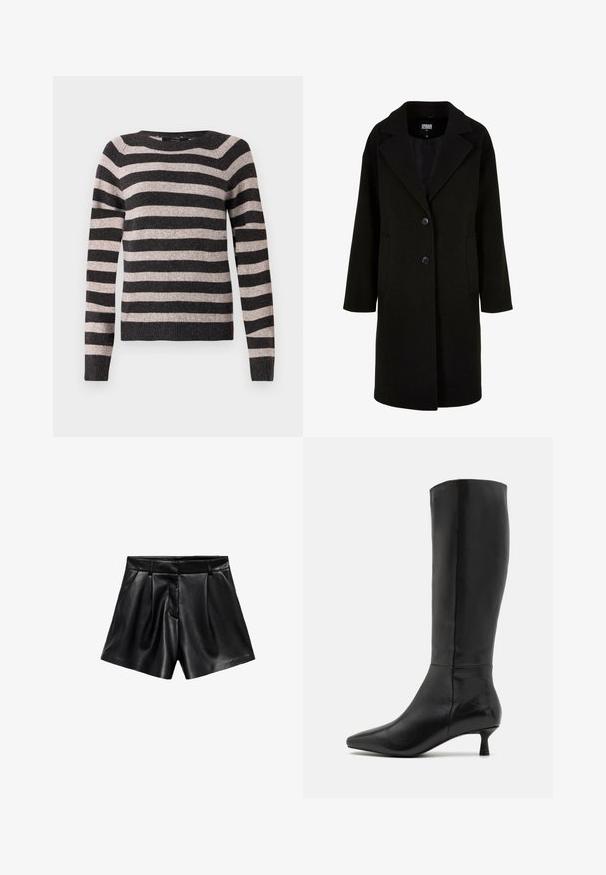 Musta villakangastakki, jossa on lovettu kaulus, etunapit ja sivutaskut. Ominaisuuksiin kuuluu pitkä, rento istuvuus ja sileä tekstuuri.; Mustalla ja beige raidallisella neuleella, pyöreä kaula-aukko, pitkät hihat, resorit, pehmeä tekstuuri, tasaisesti sijoitetuilla vaHorizontalraidoilla.; Mustat nahkahousut, joissa on korkea vyötärö, etupuolelle taitteet ja sivutaskut. Sujuva rakenne kiiltävällä pinnalla.; Zign Saappaat - black