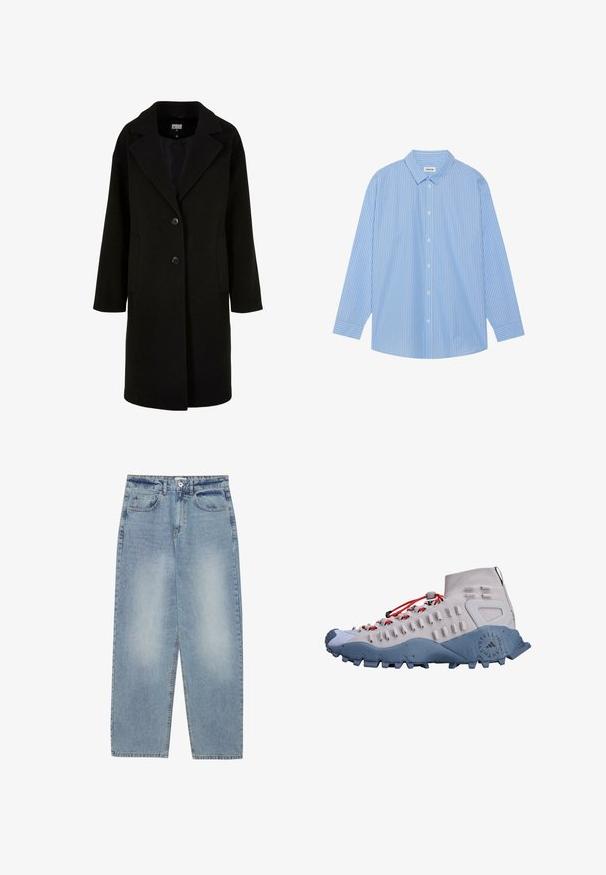 Črn volnen plašč z zareznimi ovratniki, sprednjimi gumbi in stranskimi žepi. Ima dolg, sproščen kroj in gladko teksturo.; Modra in bela črtasta dolgosleeve srajca s klasičnim ovratnikom, gumbnim zapenjanjem in zaobljenim robom. Narejena iz lahkotnega materiala.; Svijetloplave traperice s labavim krojem, ravnim nogavicama, pet džepova i kopčanjem na gumbu u struku. Glatka tekstura.; Svetlo sivi visoki pohodni čevlji z rdečimi vezalkami, teksturiranimi stranskimi paneli, modrim gumijastim podplatom in gripi za oprijem.