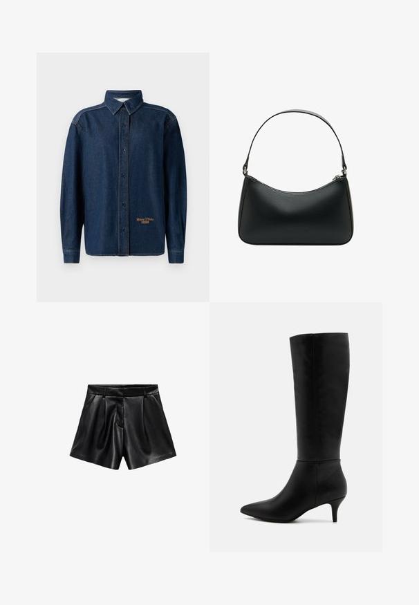 Sort uldfrakke med klapkrave, frontknapper og sidelommer. Har en lang, afslappet pasform og en glat tekstur.; Mørkeblå denim skjorte med lange ærmer og knaplukning, krave, synlige søm og lille "Marc O'Polo DENIM" logo broderet nær kanten.; Sorte lædershorts med høj talje, plissee foran og sidelommer. Glat tekstur med en poleret finish.; Anna Field Høje støvler/ Støvler - black; Sort læder skuldertaske med en buet form, enkelt fladt rem og lynlås lukning øverst. Glat tekstur med minimale hardware detaljer.