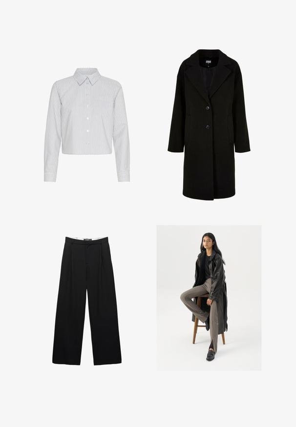 Fekete gyapjú kabát, kieső hajtókával, elülső gombokkal és oldalsó zsebekkel. Hosszú, laza szabású és sima tapintású.; Feltűnő fehér ing, függőleges sötétkék csíkokkal, gallérral és egy zsebével a mellkasán. Hosszú ujjak, mandzsetta részletekkel.; Sima anyagból készült, bőszárú fekete nadrág. Elöl pliszék, övhurkos derékbőség és lágy fazon jellemzi.; Fekete bőr trench coat, gombokkal és öv részletekkel, világosbarna, testhez simuló nadrággal és fekete loaferekkel párosítva, fa bárszéken ülve.