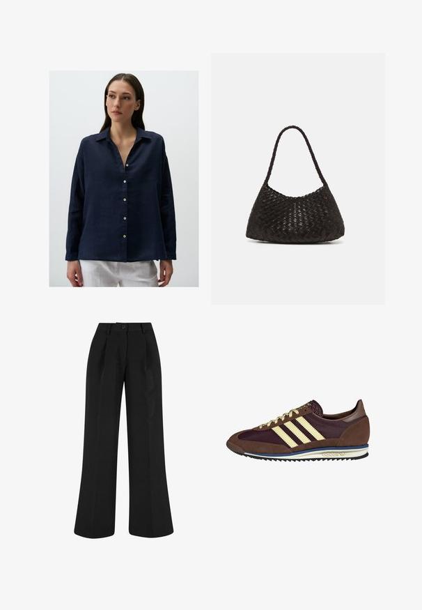 Czarny wełniany płaszcz z klapami, guziki z przodu i bocznymi kieszeniami. Ma długi, luźny krój oraz gładką teksturę.; Granatowa lniana koszula zapinana na guziki z kołnierzykiem, długimi rękawami i luźnym krojem. Posiada przedni zamek z białymi guzikami oraz miękką teksturę.; Czarne spodnie o szerokich nogawkach z plisami z przodu, wykonane z gładkiego materiału. Posiadają zapięcie na guziki i dopasowany krój.; Brązowe i burgundowe sneakersy wykonane z zamszu i siateczkowych materiałów, z trzema kremowymi paskami, teksturowanym materiałem na języku i gumową podeszwą.; DRAGON DIFFUSION ROSANNA ciemnobrązowy
