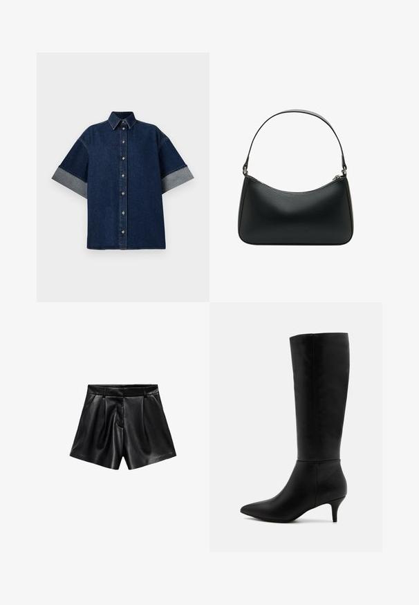 Black wool coat with a notched lapel, front buttons, and side pockets. Features a long, relaxed fit and smooth texture.; Dark denim shirt with short, rolled-up sleeves in a lighter denim. Features a classic collar and front buttons. Smooth texture, casual design.; Black leather shorts featuring a high waist, pleats at the front, and side pockets. Smooth texture with a polished finish.; Anna Field Boots - black; Black leather shoulder bag with a curved shape, single flat strap, and a top zipper closure. Smooth texture with minimal hardware details.