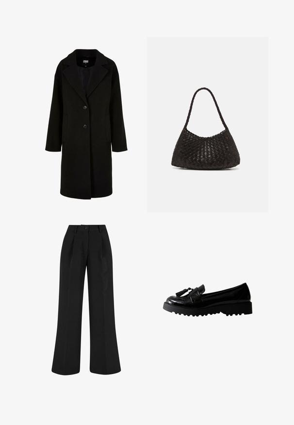 Czarny wełniany płaszcz z klapami, guziki z przodu i bocznymi kieszeniami. Ma długi, luźny krój oraz gładką teksturę.; Koszula polo z długim rękawem, charakteryzująca się naprzemiennymi ciemnobrązowymi i białymi poziomymi paskami, kołnierzykiem oraz zapięciem na guziki. Wykonana z miękkiego materiału.; Czarne spodnie o szerokich nogawkach z plisami z przodu, wykonane z gładkiego materiału. Posiadają zapięcie na guziki i dopasowany krój.; Czarne lakierowane mokasyny z grubą podeszwą, z ozdobą w postaci frędzli i zaokrąglonym noskiem. Trwała konstrukcja o gładkiej fakturze.; DRAGON DIFFUSION ROSANNA ciemnobrązowy