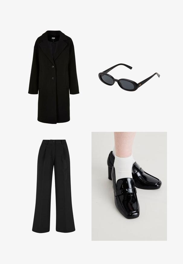 Abrigo de lana negra con solapas de muesca, botones frontales y bolsillos laterales. Presenta un corte largo y relajado, y una textura suave.; Intimissimi U-BOOT-AUSSCHNITT - Camiseta de manga larga - black; Pantalones de pierna ancha negros con pliegues frontales, confeccionados en tejido suave. Presentan un cierre de botón y un diseño a medida.; Mocasines de charol negro con puntera cuadrada y un tacón elevado, que presentan una textura suave y una correa horizontal prominente en la parte superior.; Gafas de sol grandes de color negro con lentes ovalados, montura de plástico suave y detalles dorados en las patillas. Los lentes oscuros ofrecen protección solar.; DRAGON DIFFUSION ROSANNA - Bolso de mano - dark brown