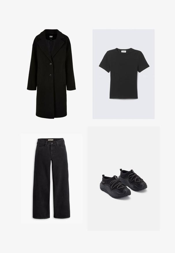 Black wool coat featuring a notched collar, long sleeves, two front pockets, and button closure. Simple design with a smooth texture.; Black short-sleeve T-shirt made of soft cotton, featuring a crew neckline and a regular fit, with no visible patterns or accents.; Black wide-leg jeans made from denim. Features a high waist, front pockets, and a zipper with a button closure. Smooth texture.; Black athletic shoes with a textured rubber sole, padded fabric upper, elastic laces, and pull tabs at the heel for easy wear.