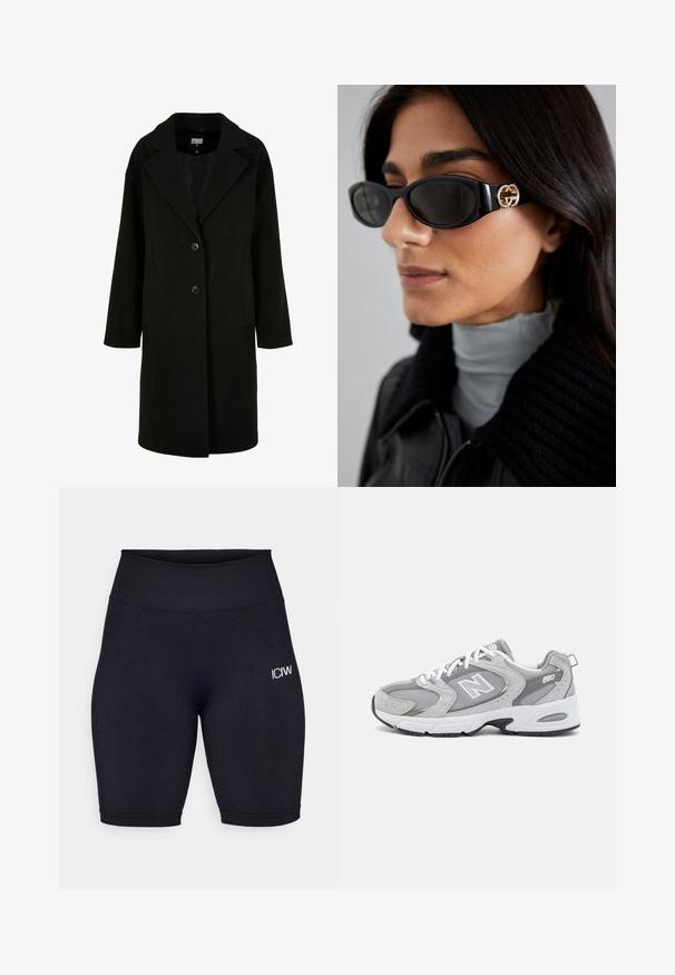 Czarny wełniany płaszcz z klapami, guziki z przodu i bocznymi kieszeniami. Ma długi, luźny krój oraz gładką teksturę.; Czarna bezrękawnikowa bluzka crop top z głębokim dekoltem w kształcie litery V, wykonana z gładkiego, elastycznego materiału. Posiada czyste wykończenie i brak widocznych wzorów czy akcentów.; Czarne spodenki kolarskie wykonane z elastycznej tkaniny z wysokim stanem. Posiadają małe białe logo na lewym udzie oraz gładką teksturę.; Szare buty sportowe z siateczkową i zamszową cholewą, białymi sznurówkami i czarną podeszwą. Posiadają wyraźne logo "N" oraz wyściełany kołnierz.; Czarne okulary przeciwsłoneczne o eleganckim, prostokątnym kształcie z logo w kolorze złotym na boku. Ciemne soczewki i błyszczące wykończenie są wyraźnie widoczne.