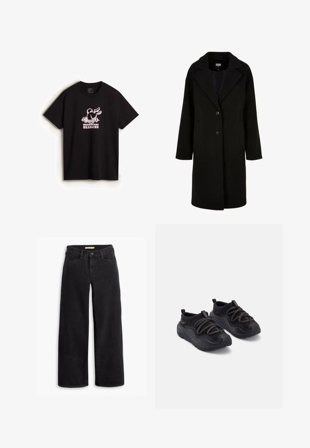 Zwarte wollen jas met een gesneden revers, knopen aan de voorkant en zijzakken. Kenmerken zijn een lange, relaxte pasvorm en een soepele textuur.; Vans DOWN THE RABBIT HOLE - T-shirt print - black; Zwarte wijde spijkerbroek van denim. Heeft een hoge taille, voorzakken en een rits met knoopsluiting. Soepele textuur.; Zwarte sportieve schoenen met een gestructureerde rubberen zool, gevoerd stoffen bovenwerk, elastische veters en trekhaken bij de hak voor gemakkelijk aan- en uittrekken.