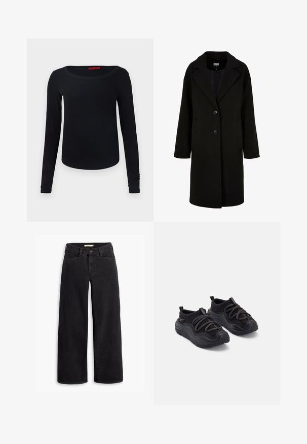 Čierny vlnený kabát s klopovým golierom, prednými gombíkmi a bočnými vreckami. Má dlhý, voľný strih a hladkú textúru.; Čierne tričko s dlhým rukávom a okrúhlym výstrihom, s jemnou textúrou a priliehavým strihom. Má jednoduchý dizajn bez vzorov alebo akcentov.; Čierne široké džínsy vyrobené z denimu. Majú vysoký pás, predné vrecká a zips s gombíkovým zapínaním. Hladká textúra.; Čierne športové topánky s textúrovanou gumovou podrážkou, polstrovaným textilným zvrškom, elastickým šnúrkami a pútkami na päte pre jednoduché obúvanie.