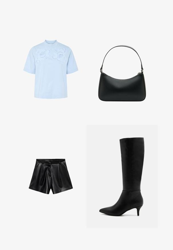 Černý vlněný kabát s klopovým límcem, předními knoflíky a bočními kapsami. Má dlouhý, volný střih a hladkou texturu.; Světlé modré tričko s krátkým rukávem a vysokým výstřihem, zdobené složitými bílými vyšívanými květinovými vzory na přední straně. Měkký bavlněný materiál.; Černé kožené kraťasy se zvýšeným pasem, záhyby na přední straně a bočními kapsami. Hladká textura s lesklým povrchem.; Anna Field Vysoká obuv - black; Černá kožená kabelka přes rameno s zakřiveným tvarem, jedním plochým popruhem a svrchním zipovým uzávěrem. Hladká textura s minimem kovových detailů.