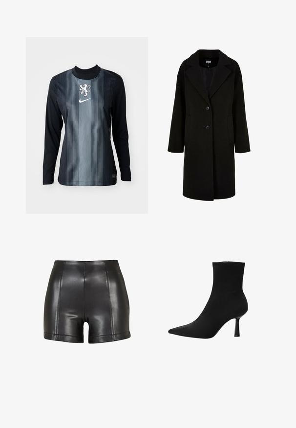 Fekete gyapjú kabát, kieső hajtókával, elülső gombokkal és oldalsó zsebekkel. Hosszú, laza szabású és sima tapintású.; Fekete és szürke hosszúujjú ing függőleges csíkokkal, oroszlán emblémával és Nike logóval a mellkasán. Simább textúra, sportos szabás.; Fekete műbőrből készült sort, magas derékkal, sima textúrával és látható varrással az elején és a szegélyen.; Fekete bokacsizma sima anyagból, hegyes orral és vékony tűsarkúval, zökkenőmentes dizájnnal és látható hardver nélküli kivitelben.