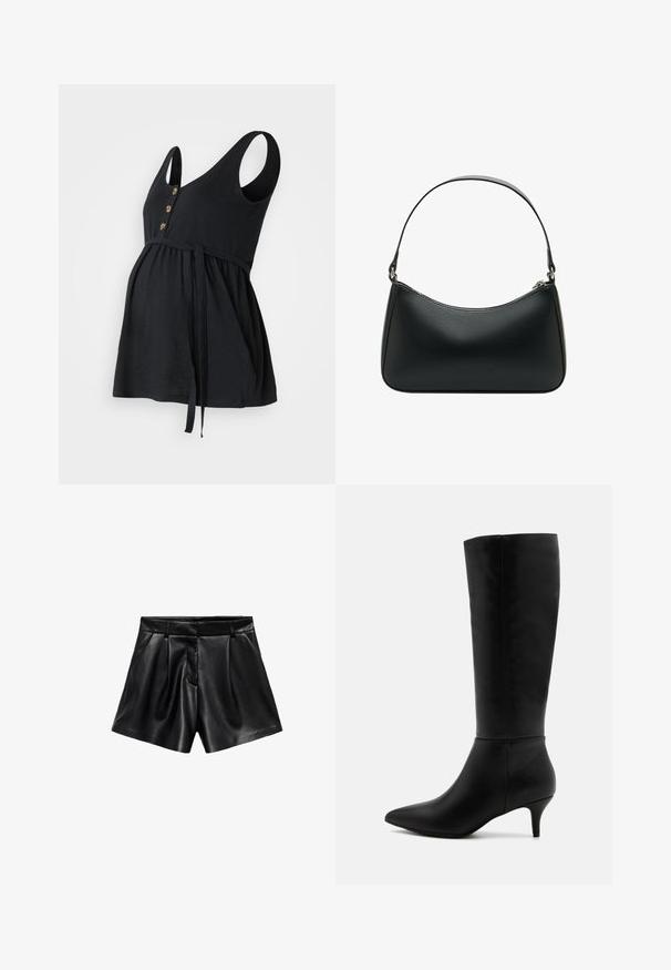 Černý vlněný kabát s klopovým límcem, předními knoflíky a bočními kapsami. Má dlouhý, volný střih a hladkou texturu.; Černý těhotenský top bez rukávů, s výstřihem do V, třemi zlatými knoflíky a nastavitelným zavazováním v pase; měkká látka a volný střih.; Černé kožené kraťasy se zvýšeným pasem, záhyby na přední straně a bočními kapsami. Hladká textura s lesklým povrchem.; Anna Field Vysoká obuv - black; Černá kožená kabelka přes rameno s zakřiveným tvarem, jedním plochým popruhem a svrchním zipovým uzávěrem. Hladká textura s minimem kovových detailů.