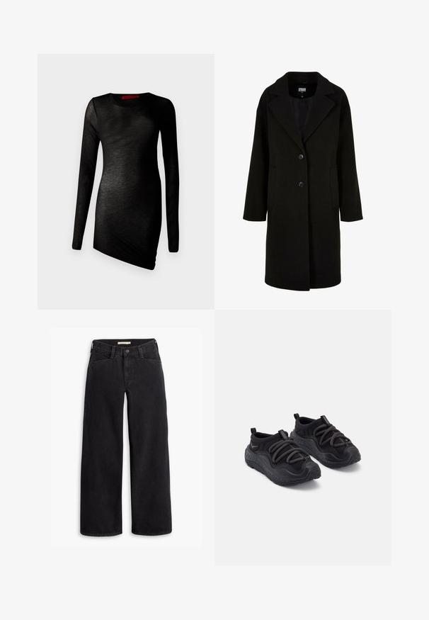 Crni vuneni kaput s oštrim reverom, prednjim gumbima i bočnim džepovima. Ima dugi, opušteni kroj i glatku teksturu.; Crna haljina dugih rukava s okruglim izrezom, izrađena od lagane tkanine koja ima glatku teksturu i asimetričan rub. Vidljiva crvena oznaka brenda.; Crne traperice sa širokim nogavicama. Imaju visoki struk, prednje džepove i patentni zatvarač s dugmetom. Glatka tekstura.; Crne sportske cipele s teksturiranim gumenim đonom, podstavljenim gornjim dijelom od tkanine, elastičnim vezicama i praktičnim peticama na peti za jednostavno obuvanje.