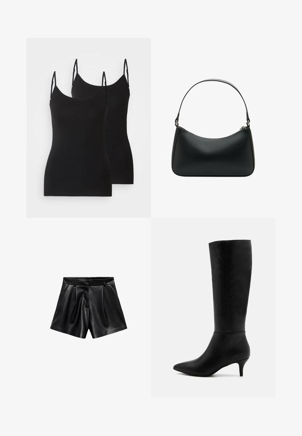 Černý vlněný kabát s klopovým límcem, předními knoflíky a bočními kapsami. Má dlouhý, volný střih a hladkou texturu.; Černé bezrukávové topy z měkké látky, s nastavitelnými ramínky a přiléhavým střihem. Dva kusy zobrazené vedle sebe.; Černé kožené kraťasy se zvýšeným pasem, záhyby na přední straně a bočními kapsami. Hladká textura s lesklým povrchem.; Anna Field Vysoká obuv - black; Černá kožená kabelka přes rameno s zakřiveným tvarem, jedním plochým popruhem a svrchním zipovým uzávěrem. Hladká textura s minimem kovových detailů.