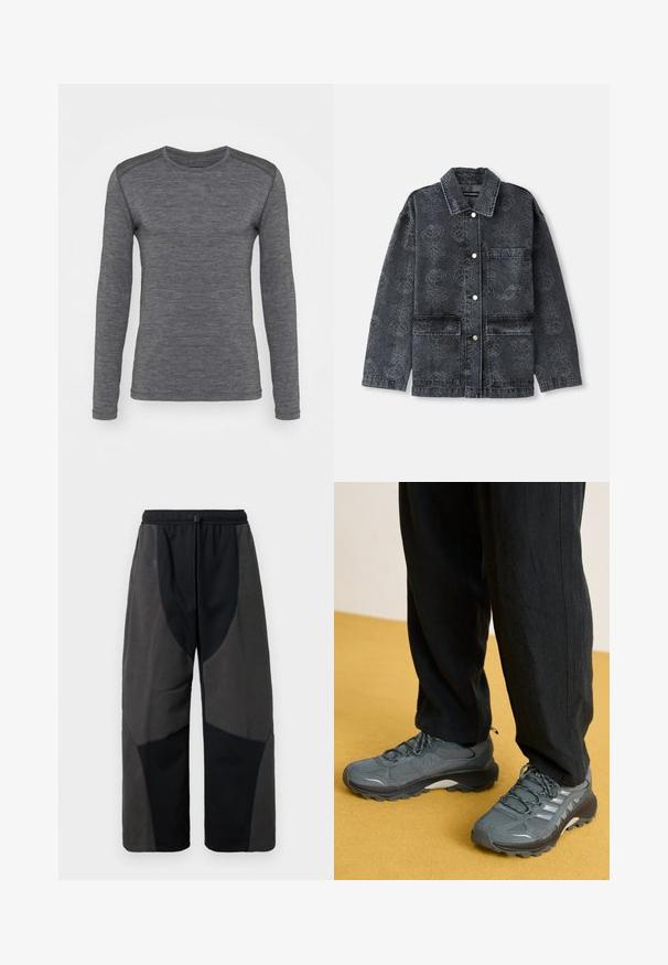 Tume teksadžakk lillemustriga, varustatud kraega, esise nööbiga kinni ja kahe suure esikotiga.; Hallide hall-särgi pikad varrukad on pehmest kangast, ümmarguse kaelusega ja kontrastse tekstuuriga õlgadel. Lihtne ja elegantne disain.; Mustakate lõdva istuvusega püksid fleecedetailidega, mis sisaldavad kontrastset tumeda halli kangast paneeli ja reguleeritavat paelvöökohta.; Hallide võrgu ja sünteetilise materjali spordijalatsid, millel on silmapaistev tallate muster, peegeldavad detailid ning paeltega kinnitamine, koos mõõtmatute mustade pükstega.