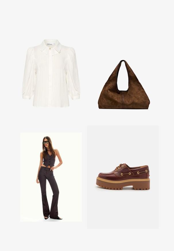 Mango Spijkerjas - blue; Witte blouse van getextureerde stof, met een gespreide kraag, knoopsluiting aan de voorkant en puffachtige lange mouwen. Zachte en lichte uitvoering.; Bruin gestreepte cropped vest en uitlopende broek, met knopen en een gestructureerde stof. Zwarte open teen schoenen en oversized zonnebril.; Bruine leren botenschoenen met een stevige bruine rubberen zool, gouden ogen en contraststiksels. Heeft een logo aan de zijkant.; Bruine suède schoudertas met een open bovenkant. Heeft een diepe, brede vorm, een uitsnijdend handvat en een minimale stiksels voor een strak ontwerp.