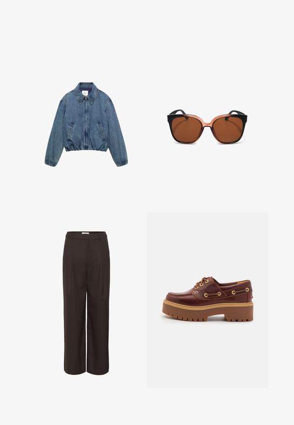 Mango Džínová bunda - blue; Polo tričko s krátkým rukávem v mahagonové a krémové pruhy s akcenty v světlé modré barvě, s límečkem a knoflíkovou légou. Měkká pletená tkanina.; Hnědé kalhoty s širokými nohavicemi vyrobené z hladkého materiálu. Mají vysoký pas, přední sklady a boční kapsy pro praktičnost.; Hnědé kožené boty na lodi s robustní hnědou gumovou podrážkou, zlatými očky a kontrastním prošíváním. Na boku se nachází logo.; Sluneční brýle s hnědými čočkami, černými a transparentně oranžovými rámy, ve tvaru kočičích očí a hladkým povrchem. Bez viditelného kování nebo vzorů.; Hnědá semišová taška přes rameno s otevřeným vrchem. Disponuje hlubokým a širokým tělem, vyřezávaným držadlem a minimálním prošíváním pro čistý design.