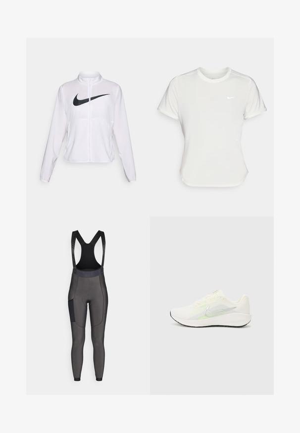 Hvit Nike-jakke med lange ermer, høy krage, glidelås foran, og en fremtredende svart swoosh-logo på forsiden. Glatt, lett materiale.; Nike T-skjorte i hvit, kortermet, rund hals, laget av et glatt og lett materiale. Har en subtil logo på brystet.; Bib-stil sykkelbukser i mørkegrått. Laget av elastisk materiale, med polstret sete, nettingstropper og en sidelomme. Glatt tekstur.; Nike Performance DOWNSHIFTER 13 - Løpesko for vei - sail/silver-coloured photon dust/summit white/barely volt/black