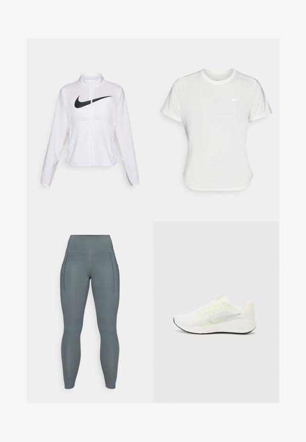 Chaqueta blanca de Nike con mangas largas, cuello alto, cierre de cremallera y un prominente logo negro del swoosh en la parte frontal. Tela suave y ligera.; Camiseta Nike en blanco, de manga corta, escote redondo, hecha de una tela suave y ligera. Presenta un logo sutil en el pecho.; Leggings gris de cintura alta con dos bolsillos laterales, hechos de una tela elástica, con costuras planas y una textura suave.; Nike Performance DOWNSHIFTER 13 - Zapatillas running asfalto - sail/silver-coloured photon dust/summit white/barely volt/black