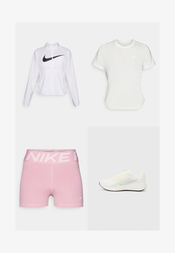 Balta Nike jaka ar garām piedurknēm, augstu apkakli, ar rāvējslēdzēja aizdari un izteiktu melnu Swoosh logotipu priekšpusē. Gluda, viegla auduma.; Nike t-krekls baltā krāsā, īsām piedurknēm, ar apaļu kakla izgriezumu, izgatavots no gludas, vieglas auduma. Uz krūtīm ir diskreta logo.; Rozā Nike šorti ar platai logotipa jostai, izgatavoti no gludas auduma. Iespējas ietver pieguļošu dizainu un kontrastējošu balto Nike svītru.; Nike Performance DOWNSHIFTER 13 - Apavi skriešanai pa asfaltu - sail/silver-coloured photon dust/summit white/barely volt/black